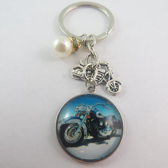 Motorcycle Keychain with Bike Charm Biker Key Ring Pearl Accent Rider Gifts - Picture 1 of 5